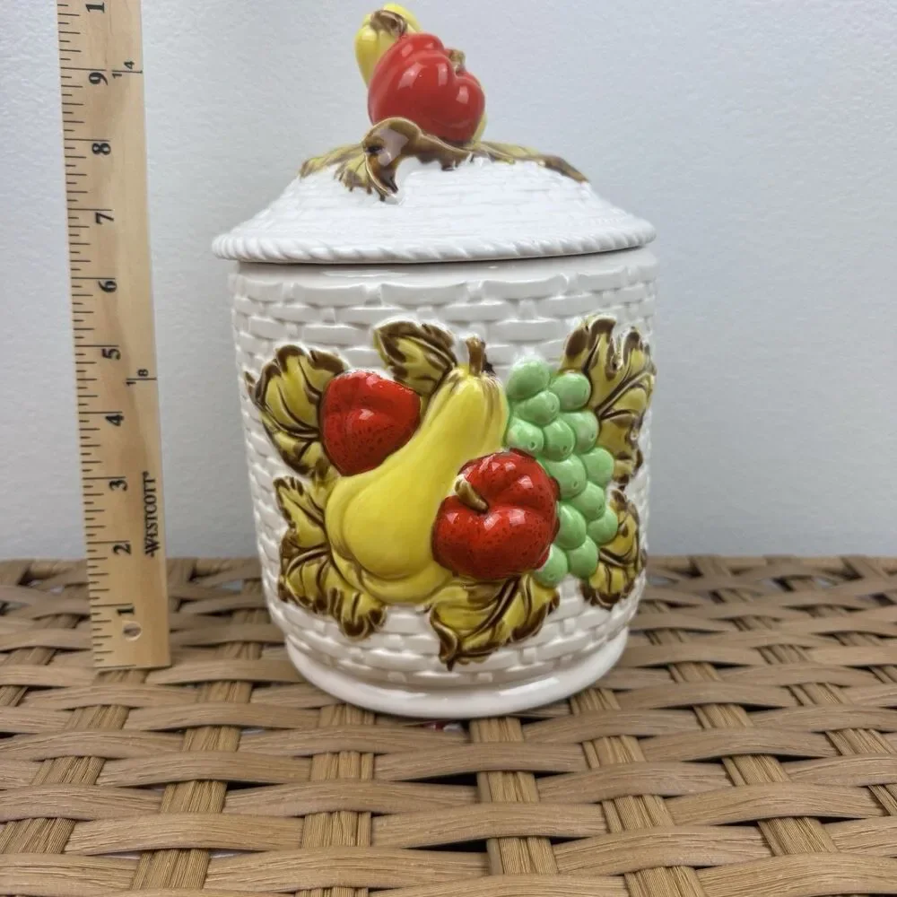 Vintage Ceramic Fruit Canister Jar Lid Basketweave Pear Apple Grapes Japan 10”